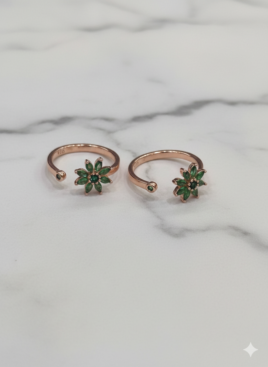 92.5 Silver Rose Gold Green Stone Sunflower Toe Ring 