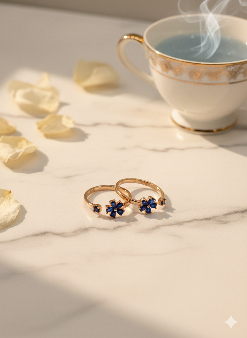92.5 Silver Rose Gold Blue Stone Floral Toe Ring 