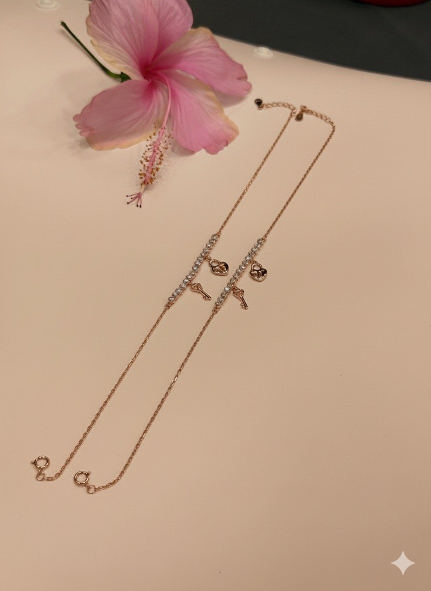 Rose Gold Heart Lock & Key Anklet with Stone – Eternal Bond
